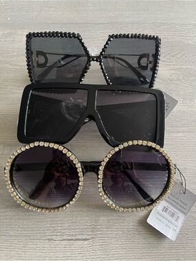 3 Pair Black Women's Fashion Sunglasses with Crystal Trim